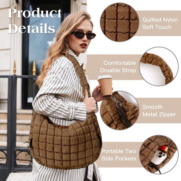 Women's Brown Lightweight Cotton Puffy Quilted Hobo Bag Retro Soft Shoulder Bag - Picture 2 of 7